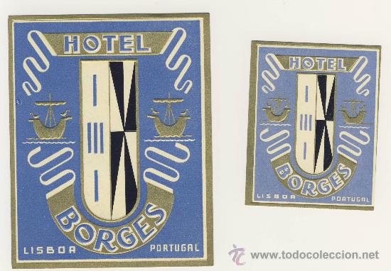 Etiquetas antiguas: Etiqueta Hotel -  PORTUGAL - HOTEL  BORGES- AZUL Y ORO- JUEGO DE DOS- PORTUGAL-ILUSTRACION  -