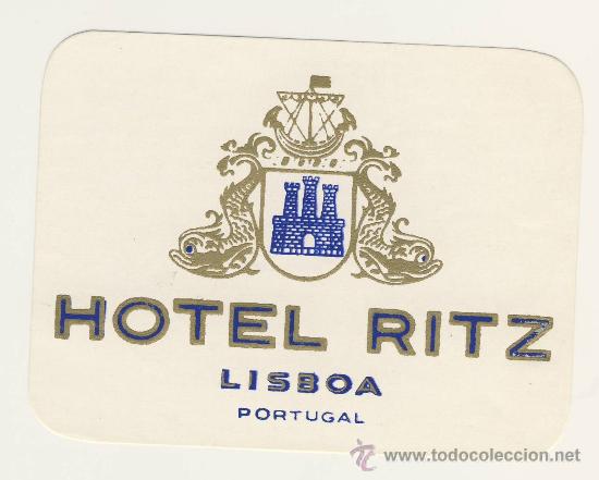 Etiquetas antiguas: Etiqueta Hotel - PORTUGAL - HOTEL RITZ- AZUL Y ORO- LISBOA-ILUSTRACION -MEDIDAS 105 X 80 mm