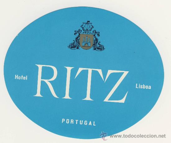 Etiquetas antiguas: Etiqueta Hotel - PORTUGAL- HOTEL RITZ- AZUL -LISBOA-ILUSTRACION -OVAL 115X95 mm