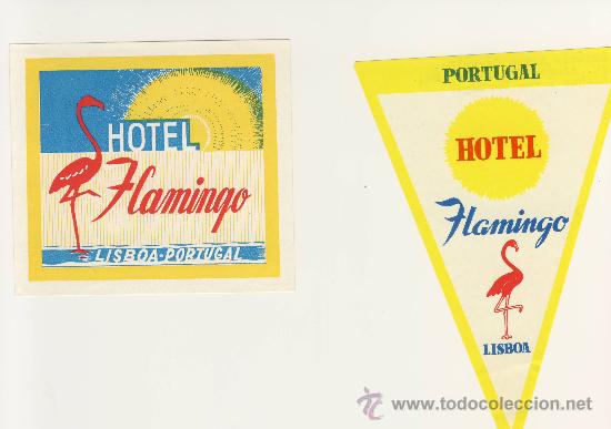 Etiquetas antiguas: Etiqueta Hotel -PORTUGAL  - HOTEL FLAMINGO- LISBOA- PORTUGAL-ILUSTRACION  -2 PIEZAS