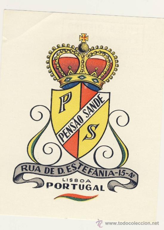 Etiquetas antiguas: Etiqueta Hotel -PORTUGAL - PENSAO SANDE- LISBOA-ILUSTRACION COLOR-102 X 80 mm