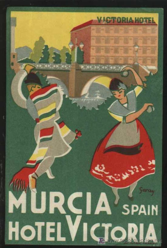 Etiquetas antiguas: Etiqueta Hotel Antigua - HOTEL VICTORIA - Murcia. Dise&ntilde;o de Garay. 9x13 cm