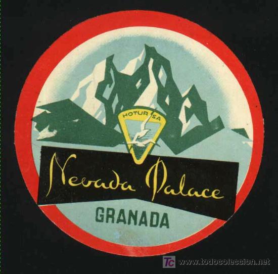 Etiquetas antiguas: Etiqueta Hotel Antigua - NEVADA PALACE - GRANADA. 10 cm di&aacute;metro