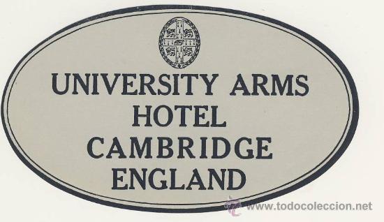 Etiquetas antiguas: Etiqueta Hotel   - - ENGLAND-UNIVERSITY ARMS HOTEL - CAMBRIDGE-MEDIDAS OVAL 80 X 130 mm