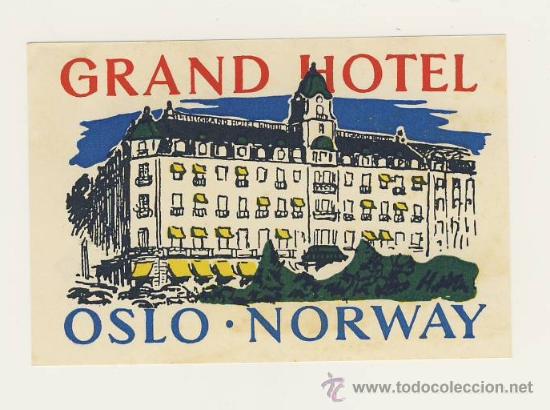 Etiquetas antiguas: Etiqueta Hotel   -     GRAND HOTEL - 0SLO- NORUEGA - ILUSTRCION COLOR -HUECO-MEDIDAS 65 100 mm