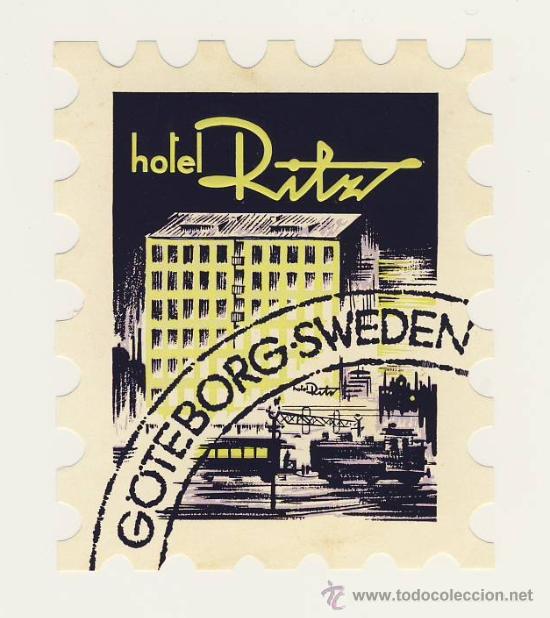 Etiquetas antiguas: Etiqueta Hotel - HOTEL RITZ - GOTEBORG- NORUEGA-ILUSTRCION COLOR -HUECO-MEDIDAS 115 X 80 mm