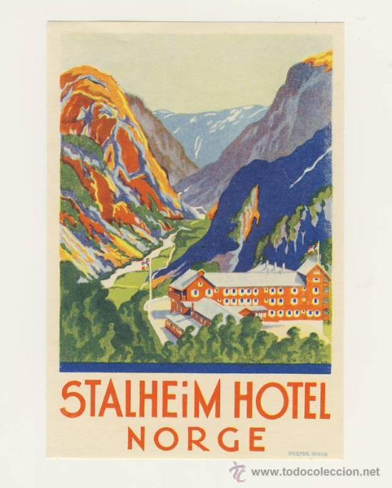 Etiquetas antiguas: Etiqueta Hotel   -  STALHEIM HOTEL   - NORGE -  SUECIA-ILUSTRCION COLOR -HUECO-MEDIDAS 115 X 80 mm