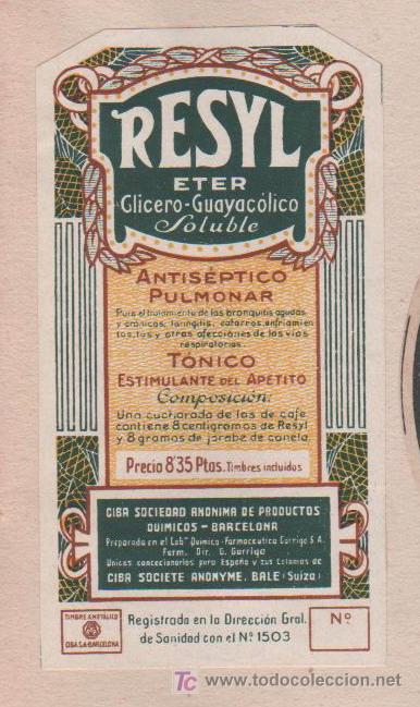 Old Labels: PRECIOSA Y ANTIGUA ETIQUETA RESYL ETER GLICERO GUAYACOLICO SOLUBLE TONICO