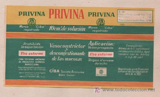 Old Labels: PRECIOSA Y ANTIGUA ETIQUETA PRIVINA DE CIBA VASOCONSTRICTOR Y DESCONGESTIONANTE DE LAS MUCOSAS