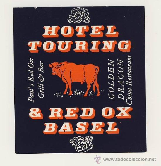 Etiquetas antiguas: Etiqueta Hotel -SUIZA -HOTEL TOURING-BASEL-ILUSTRACION-MEDIDAS 90 X 199 mm