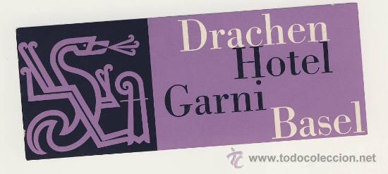 Etiquetas antiguas: Etiqueta Hotel  - SUIZA-HOTEL GARNI- BASEL-MEDIDAS 6O X 145  mm  -