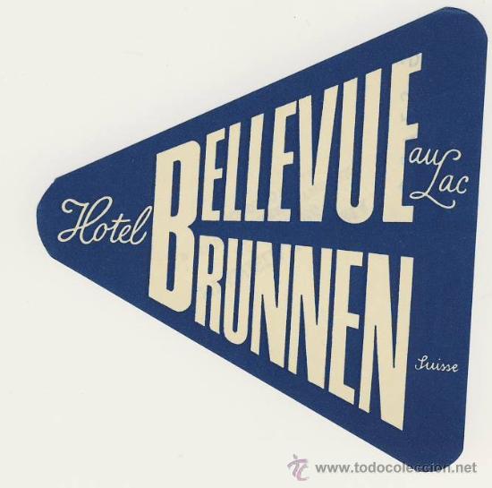 Etiquetas antiguas: Etiqueta Hotel-   SUISSE -  HOTEL BELLEVUE AULAC -BRUNNEN -IRREGULAR 100 X 100 mm