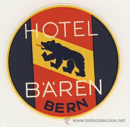 Etiquetas antiguas: Etiqueta Hotel- SUIZA  HOTEL  B&acute;A &acute;REN - BERN  - ILUSTRACION-DIAMETRO 70  mm