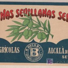 Etiquetas antiguas: ANTIGUA ETIQUETA ACEITUNAS SEVILLANAS SELECTAS INDUSTRIAS AGRICOLAS ALCALA DE GUADAIRA. Lote 9694940