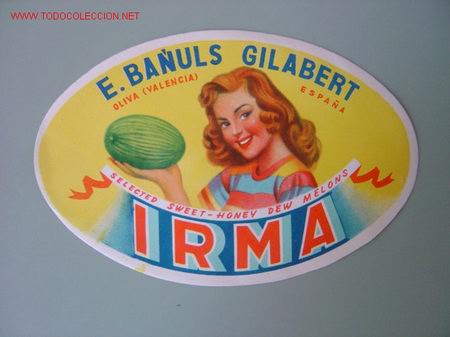 Alte Etiketten: Etiqueta MELONES IRMA. E. BA&Ntilde;ULS GILABERT - OLIVA - VALENCIA