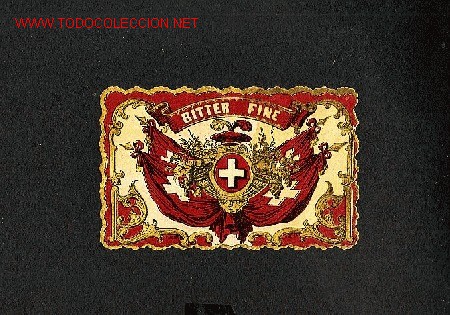 Etiquetas antiguas: Etiqueta litografica troquelada de licor Bitter Fine