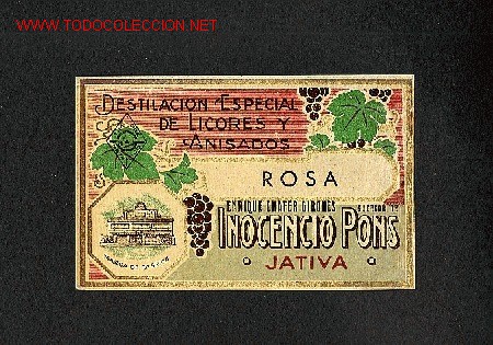 Etiquetas antiguas: Etiqueta litografica de licor de Rosa de Inocencio Pons de Xativa