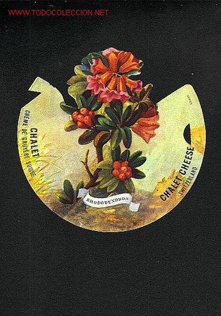 Etiquetas antigas: Etiqueta publicitaria troquelada de quesos suizos FROMAGE CHALET. Tama&ntilde;o aprox.: 10 cms de diametro