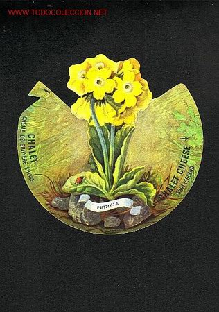 Etiquetas antigas: Etiqueta publicitaria troquelada de quesos suizos FROMAGE CHALET. Tama&ntilde;o aprox.: 10 cms de diametro