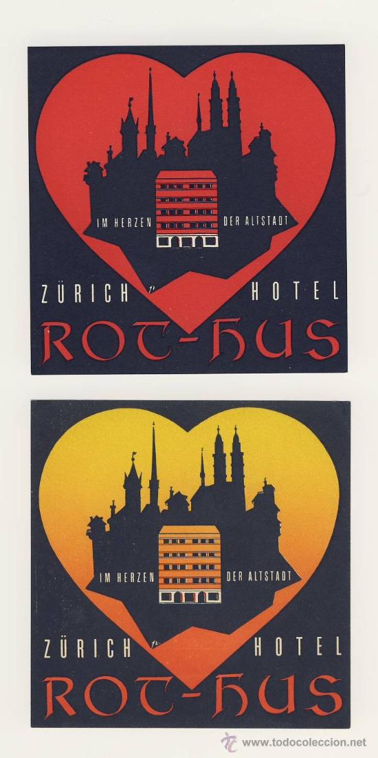 Etiquetas antiguas: Etiqueta HOTEL -SUIZA-- HOTEL ROC-HUS-.ZURICH ILUSTRACION- JUEGO DE DOS TONALIDADES