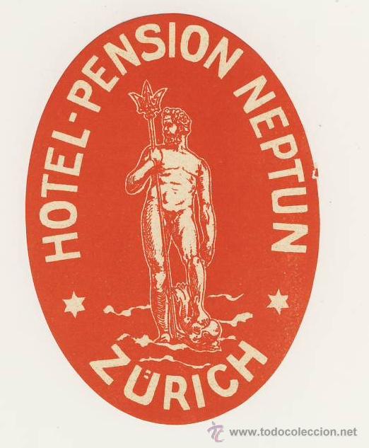 Etiquetas antiguas: Etiqueta Hotel - SUIZA - HOTEL - PENSION-  -Z&Uuml;RICH -  SUIZA -ILUSTRACION-MEDIDAS OVAL  105 X 70 mm
