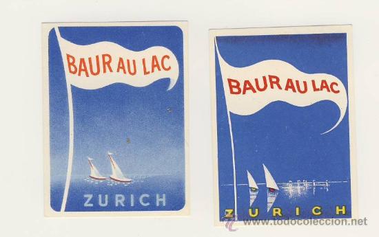 Etiquetas antiguas: Etiqueta Hotel -   SUIZA -HOTEL BAUR AU LAC-  -Z&Uuml;RICH --ILUSTRACION- JUEGO DE DOS-MEDIDAS   70X52 mm
