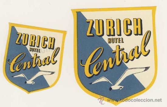 Etiquetas antiguas: Etiqueta Hotel - SUIZA -HOTEL CENTRAL- -Z&Uuml;RICH -JUEGO DE DOS-IRREGULAR 75 X 60 / 50 x 45 mm
