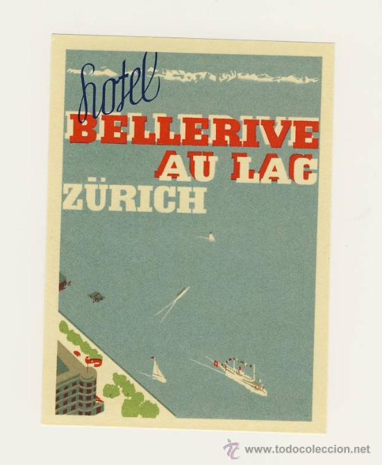 Etiquetas antiguas: Etiqueta Hotel - SUIZA-HOTEL BELLERIVE AU LAC- -Z&Uuml;RICH - SUIZA - ILUSTRACION-