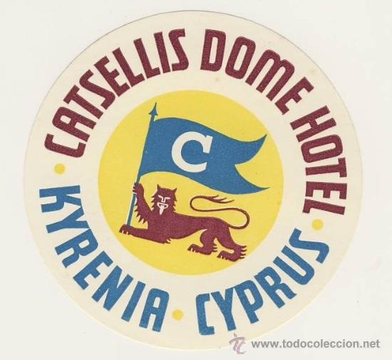 Etiquetas antiguas: Etiqueta Hotel -CHIPRE - HOTEL  CASTELLIS DOME -KYRENIA--ILUSTRACION-MEDIDAS OVAL DIAMETRO 95 mm
