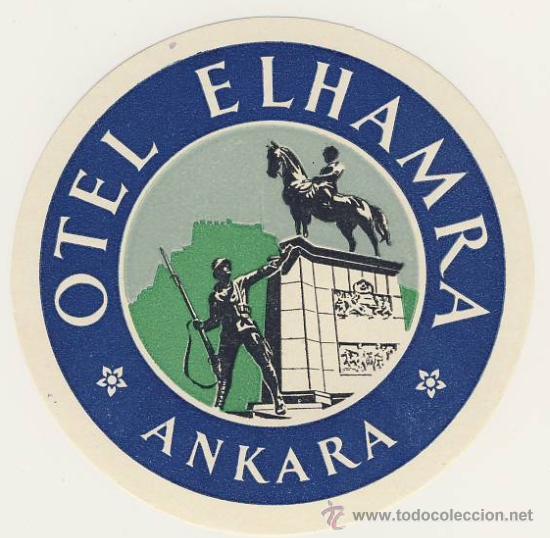 Etiquetas antiguas: Etiqueta Hotel- TURKIA- HOTEL ELHAMRA- ANKARA -ILUSTRACION-DIAMETRO 85 mm