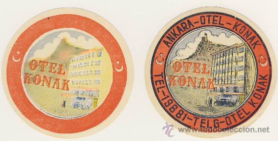 Etiquetas antiguas: Etiqueta Hotel- TURKIA- HOTEL  KONAK  - ANKARA - TURKIA-ILUSTRACION -JUEGO DE DOS ,UNA ERRATA