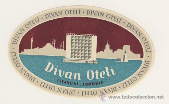 Etiquetas antiguas: Etiqueta Hotel-   HOTEL   DIVAN - ESTAMBUL- TURKIA- ILUSTRACION  - MEDIDAS  OVAL   90 X  140 mm