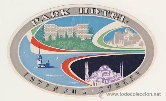 Etiquetas antiguas: Etiqueta Hotel- TURKIA-  HOTEL  PARK- ESTANBUL-  ILUSTRACION  -MEDIDAS  OVAL  85 X 145 mm
