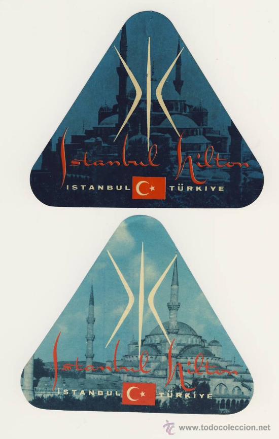 Etiquetas antiguas: Etiqueta Hotel- TURKIA-    HOTEL  HILTON- ESTANBUL- TURKIA- BUENA ILUSTRACION  DOS PIEZAS DISTINTAS