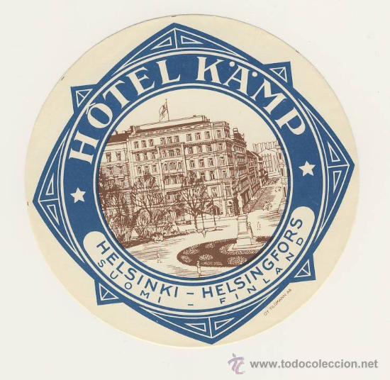 Etiquetas antiguas: Etiqueta Hotel- FINLANDIA - HOTEL  KAMP- HELSINKI-   ILUSTRACION-MEDIDAS  DIAMETRO  110   mm