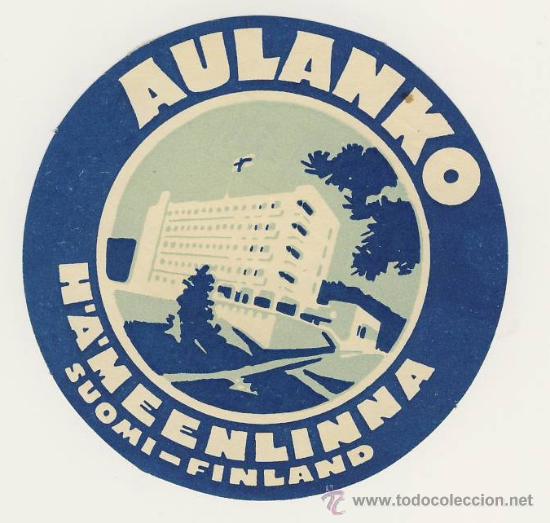 Etiquetas antiguas: Etiqueta Hotel-  FINLANDIA -  HOTEL  AULANKO- H&acute;A&acute;MEENLINNA- ILUSTRACION-MEDIDAS  DIAMETRO 105   mm
