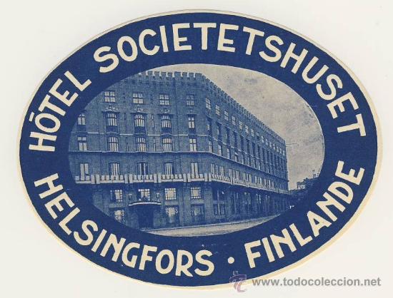 Etiquetas antiguas: ETIQUETA HOTEL-FINLANDIA-  SOCIETETSHUSET -HELSINGFORS-Medidas -OVAL -100 X 125  mm