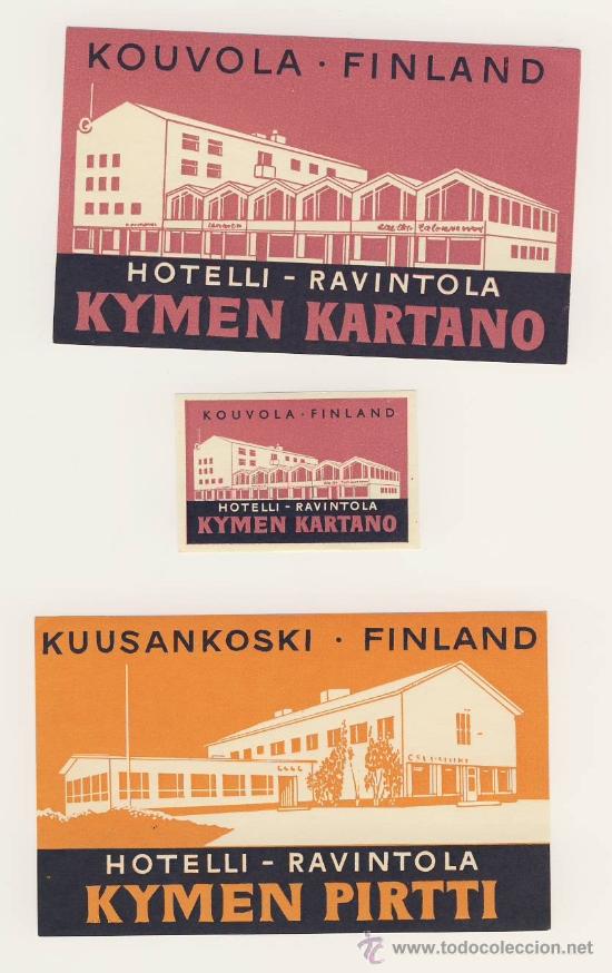 Etiquetas antiguas: ETIQUETA HOTEL--FINLANDIA- KYMEN PIRTTI -KOUVOLA-FINLANDIA-JUEGO DE TRES PIEZAS