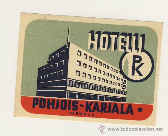 Etiquetas antiguas: ETIQUETA HOTEL- FINLANDIA- POHJOIS-KARJALA-JOENSUU-Medidas -138 X 70  mm