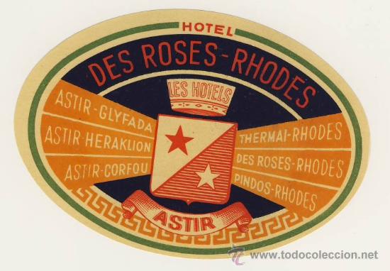 Etiquetas antiguas: ETIQUETA HOTEL - DES ROSES - RHODES-GRECIA-