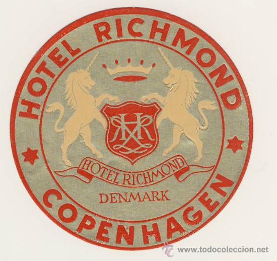 Etiquetas antiguas: ETIQUETA HOTEL - HOTEL RICHMOND -COPENHAGEN- -DORADA-MEDIDAS DIAMETRO 100 mm