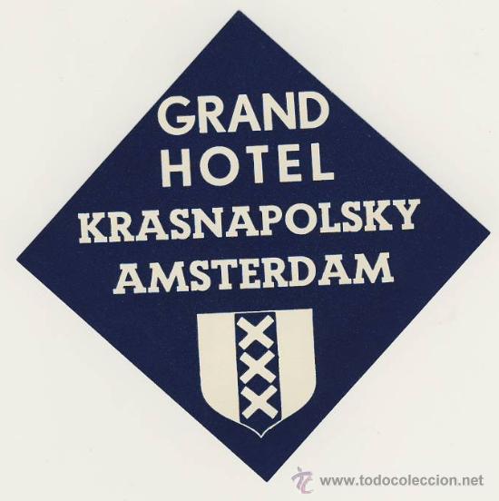 Etiquetas antiguas: Etiqueta Hotel- HOLANDA- - GRAND HOTEL KRASNAPOLSKY- AMSTERDAM-MEDIDAS 75 X75 mm