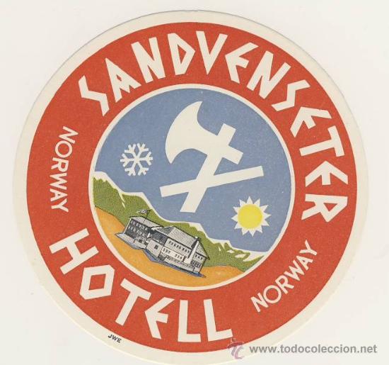 Etiquetas antiguas: Etiqueta Hotel - NORUEGA -HOTEL SANDVENSETER- ILUSTRACION-PIE DE IMPRENTA-MEDIDAS DIAMETRO 85 m