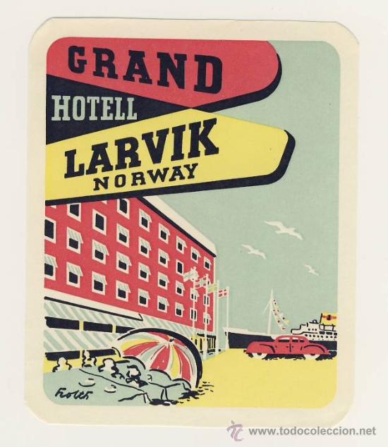 Etiquetas antiguas: Etiqueta Hotel  -NORUEGA   -  HOTEL  LARVIK-- ILUSTRACION-MEDIDAS  85 X  120  mm