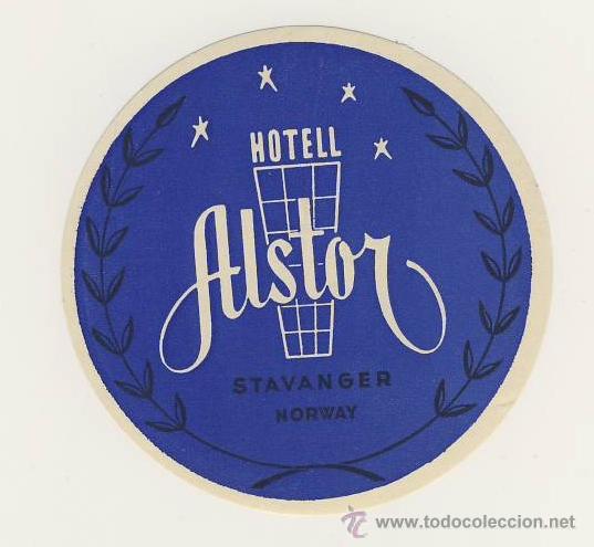 Etiquetas antiguas: Etiqueta Hotel  -NORUEGA   -  HOTEL  ALSTOR- STAVANGER -NORUEGA - MEDIDAS  DIAMETRO 75  mm