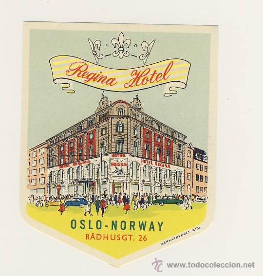 Etiquetas antiguas: Etiqueta Hotel -NORUEGA - HOTEL REGINA- OSLO- BUENA ILUSTRACION-PIE DE IMPRENTA