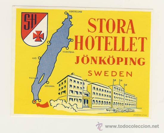 Etiquetas antiguas: Etiqueta Hotel   -  HOTEL   STORA -J&ouml;nk&ouml;ping-  SUECIA - NEDIDAS 80 X 100 mm IMPRESION HUECO