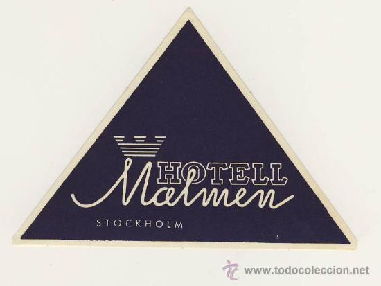 Etiquetas antiguas: Etiqueta Hotel   -  HOTEL  MALMEN -STOCKHOLM-  SUECIA - MEDIDAS  TRANGULAR ALTO 75 mm