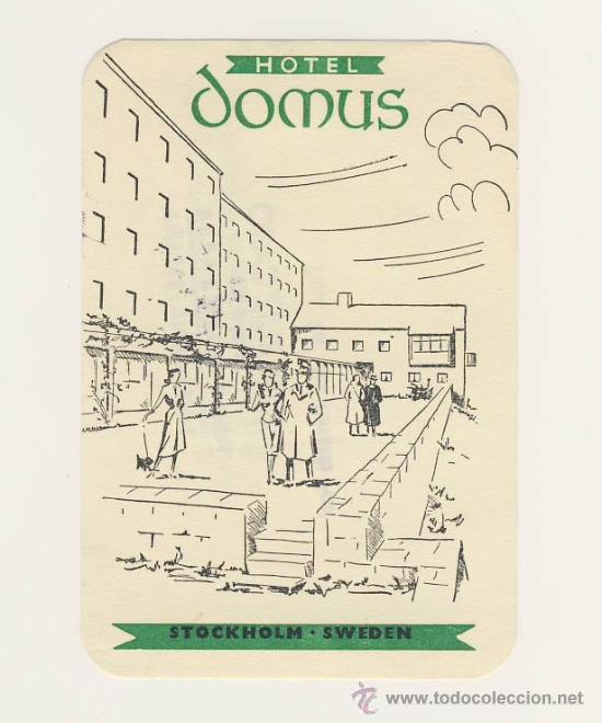 Etiquetas antiguas: Etiqueta Hotel - SUECIA -  HOTEL  DOMUS -STOCKHOLM - ILUSTRACION MUY ESPECIAL-MEDIDAS 110X75 mm