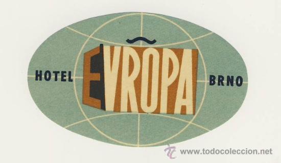 Etiquetas antiguas: Etiqueta Hotel   -  HOTEL  EUROPA BRNO CSSR- CHESCOLOVAQUIA- ILUSTRACION-2 PIEZAS